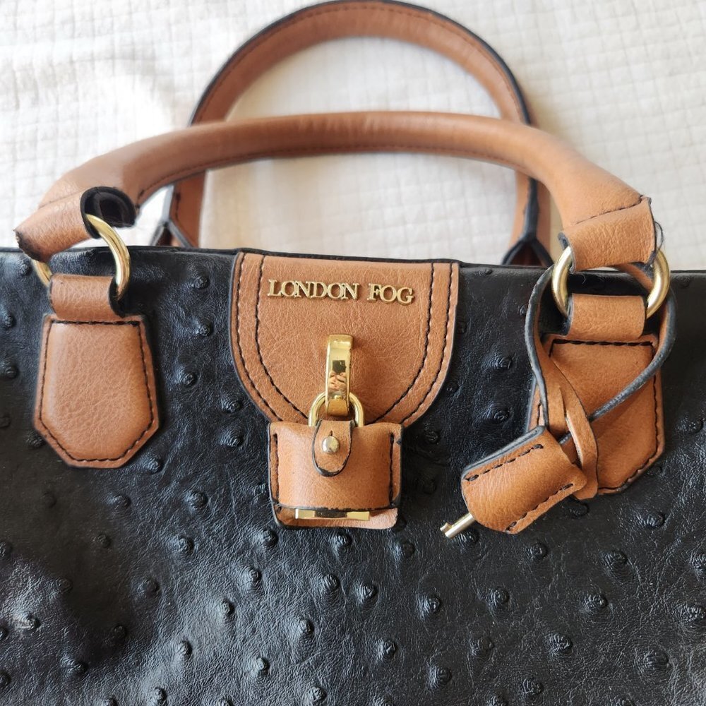 London Fog Satchel Handbag in Black Ostrich and Tan LIKE NEW - Picture 2 of 10